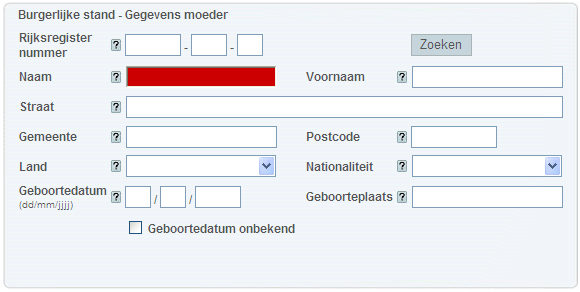 Voor het creëren van een geboortedossier moet de ambtenaar van de Burgerlijke Stand verplicht de naam van de moeder invullen voordat hij de gegevens van de pasgeborene kan aanvullen.