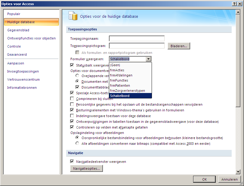 Opdracht 11 Opstarten met het schakelbord In deze opdracht aandacht voor het opstarten van de database met het schakelbord. Zorg er voor, dat alle Acces-objecten (tabellen, formulieren, e.d.) gesloten zijn.