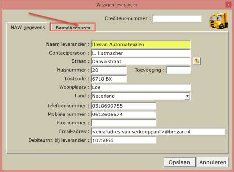 Kies hier nu voor Leveranciers. Dubbelklik nu op Brezan. Klik nu op het tabblad Bestelaccounts.