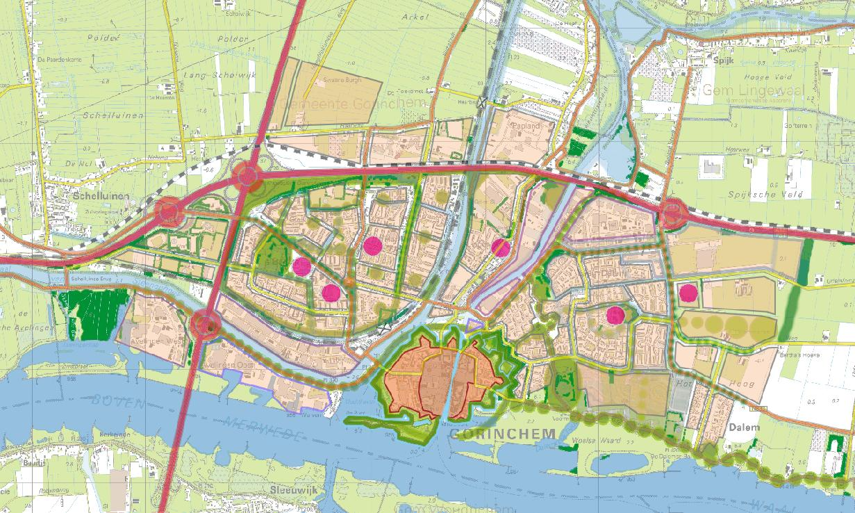 Als deze (en enkele subkaarten) over elkaar geprojecteerd worden, geeft dit een globaal beeld van de ruimtelijke hoofdstructuur van de gemeente Gorinchem met deze informatie is onderstaande kaart