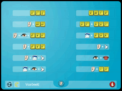 Er zijn 12 oefeningen (twee rijen van 6). Indien de leerling met de muis over een oefening gaat, wordt de naam van het oefe uitgesproken.