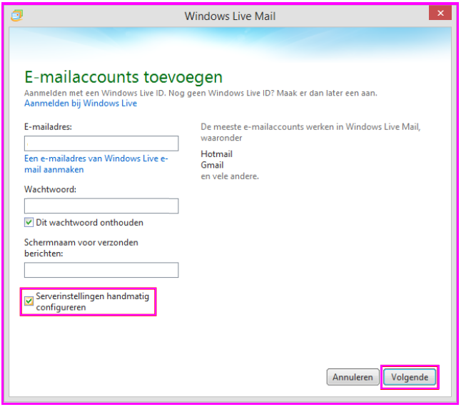 6. E-mail instellen in Windows Live Mail Stap 1 Open Windows Live Mail. Klik op Accounts en vervolgens op E-mail + Stap 2 Vul je T-Mobile Thuis e-mailadres in en het bijbehorende wachtwoord.