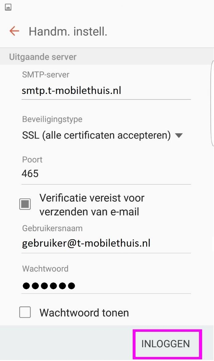 Stap 4 De IMAP-server is: imap.t-mobilethuis.nl Het beveiligingstype: SSL (alle certificaten accepteren) Poortnummer: 993 Stap 5 De SMTP-server is: smtp.t-mobilethuis.nl Beveiligingstype: SSL (alle certificaten accepteren) Poortnummer: 465 Zorg dat Verificatie vereist voor verzenden van e-mail is aangevinkt.