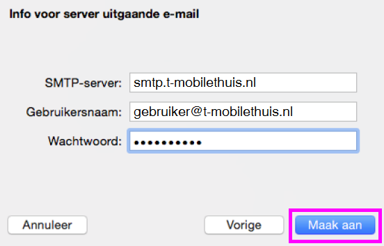 Stap 4 Gebruik het account type IMAP. De e-mailserver is: imap.t-mobilethuis.nl Vul vervolgens je T-Mobile Thuis e-mailadres en het wachtwoord in.