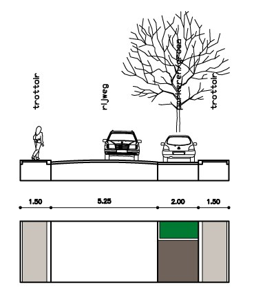 Ruys de Beerenbrouckstraat Optie A 2 zijdig trottoir 1 zijde parkeervakken +