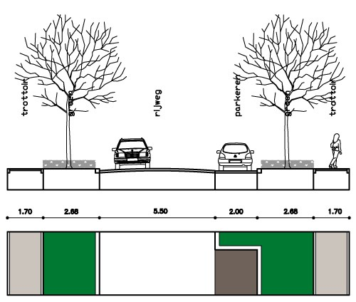 Graetheidelaan Optie B 2 zijdig trottoir 2 zijdig groenstrook + bomen 1 zijdig parkeerstrook