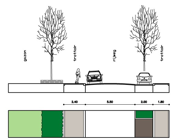 St. Antoniusplein Mauritslaan Optie B 2 zijdig trottoir 1 zijdig parkeren + bomen Bomen in plantsoen Parkeren langs de