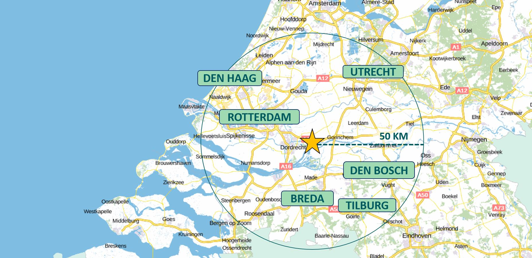 Vraag: potentiele gasten uit Nederland Vraag De Biesboschregio van zeven gemeenten telt ca 235.000 inwoners. Binnen een straal van 50 km liggen o.a. de steden Rotterdam, Den Haag, Utrecht, Breda, Tilburg en Den Bosch Nationaal Park De Biesbosch is bijna het enige Nationaal Park in de Randstad (zie kaart pagina 12).
