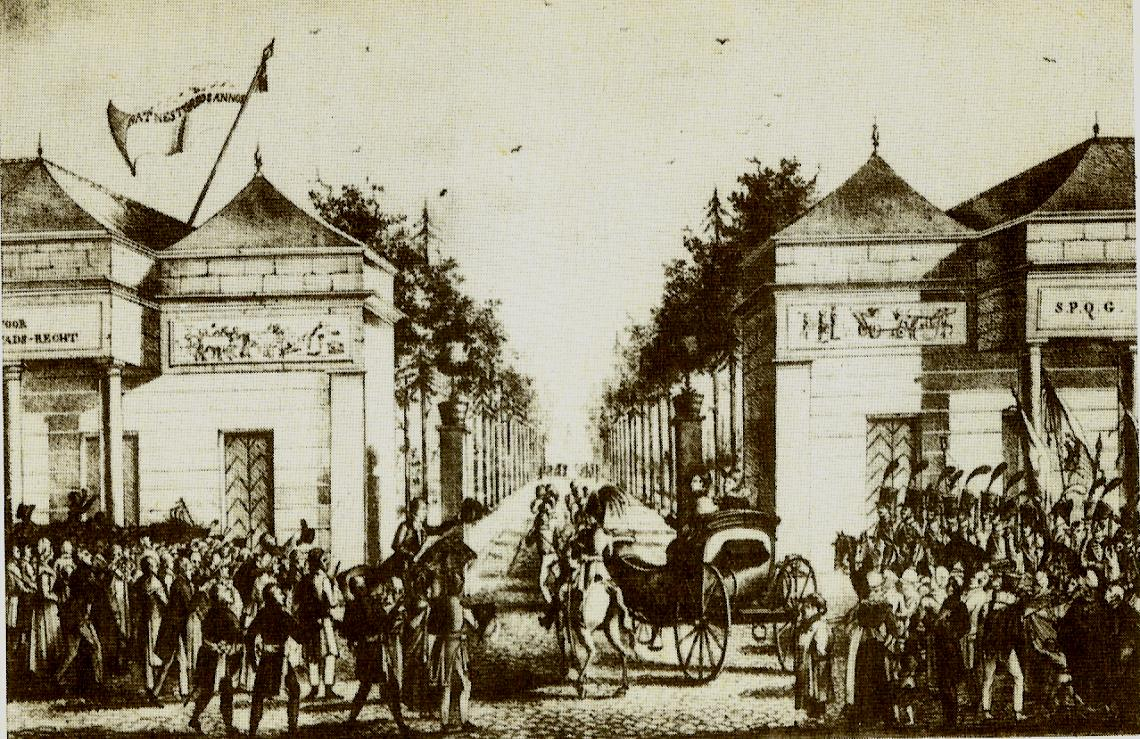 De poort aan het begin van de tolweg naar een tekening van Kieckepoost. Deze vroeg rond 1820 een aanvraag aan koning Willem 1 der Nederlanden een tolweg te mogen aanleggen naar Drongen.