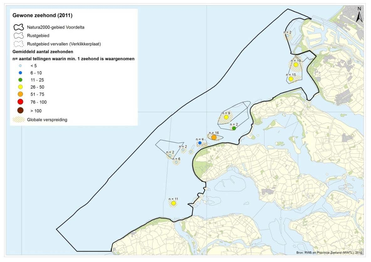 Natura 2000 Beheerplan Voordelta 2015-2021 mei 2015 Figuur 4.6 Verspreiding van de gewone zeehond in seizoen 2011-2012.