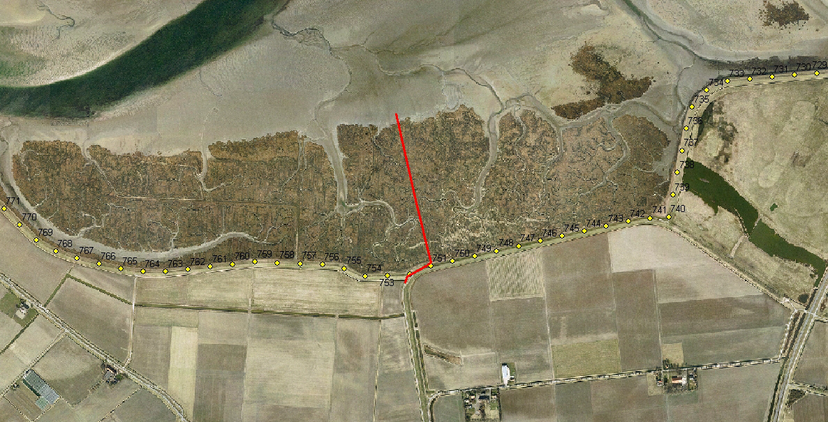 Figuur 4.3 (zie onder) geeft de transportroute over het schor weer om de proeflocatie Krabbenkreek Noord te bereiken.