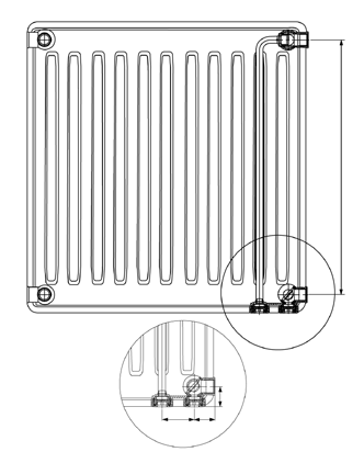 TOELICHTING (PIANO-) UNIVERSEELKOMPAKT RADIATOR Toelichting 6 aansluitingen Vooraanzicht Universeelkompaktradiator Universeel- en Piano-Uni radiatoren hebben een in de radiator geïntegreerde