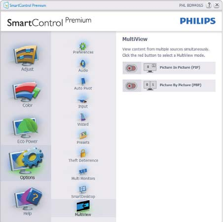 3. Beeldoptimalisatie tabbladen van SmartControl Premium is beschikbaar. Toont het venster Broninstructie en de huidige instelling van de ingangsbron.