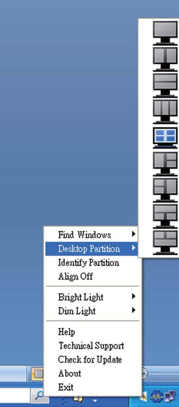 3. Beeldoptimalisatie 4. Align On/Align Off (Uitlijnen aan/uitlijnen Schakelt het automatisch uitlijnen van versleepte partities in/uit. 5. Sluit Bureaubladpartitie en Scherm afstemmen.