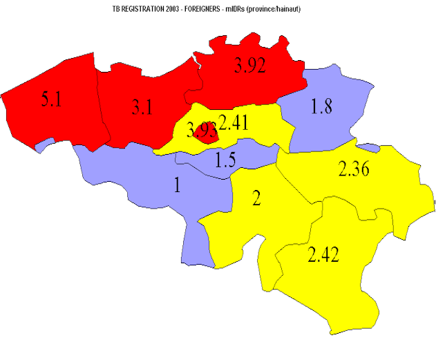De kaart met de incidentiedensiteitsratio s bij niet-belgen in 2003 (figuur 3b) geeft een heel ander beeld van de tuberculose in België dan figuur 3a.
