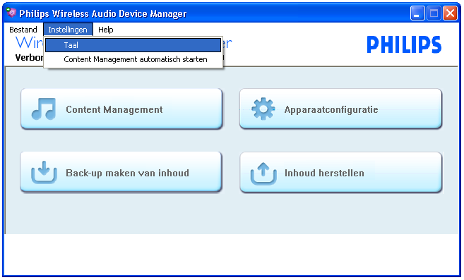 Ga in het hoofdmenu van Wireless Audio Device Manager naar de vervolgkeuzelijst Settings (Instellingen)