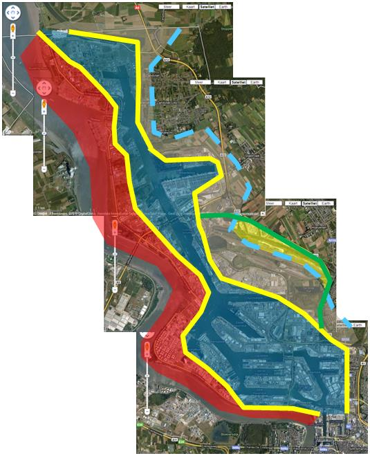 Figuur 3: Zonering gebaseerd op de stromingsrichtingen van het grondwater ter hoogte van het studiegebied (Rood = richting Schelde, Blauw = richting dokken, Bruin = richting polder, Geel = vanuit