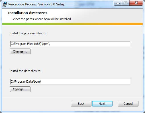 Als u de programmabestanden van Perceptive Process niet op de standaardlocatie wilt installeren: Typ het gewenste pad in het veld achter Install the program files to:. Of Klik op de knop Change.