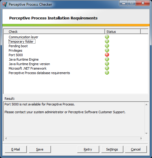 De Perceptive Process Checker vermeldt welk e fout er is opgetreden. Na het oplossen van deze fout(en) klikt u op Retry.