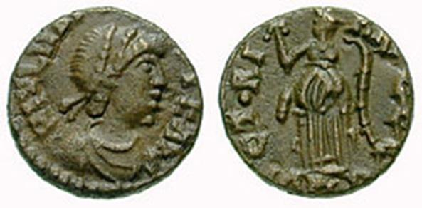 Afbeelding op munt van Keizer Majorianus. Julius Valerius Majorianus (ca.
