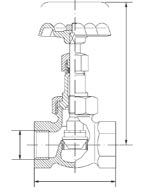 Bronzen klepafsluiter fig. 142 Br/SS PN40 Toepassing: Stoom, water, olie, lucht en gas. uis: brons ASTM B62 Klep, klepdichtvlak en spindel: RVS 13%Cr (X20Cr13) Diam.