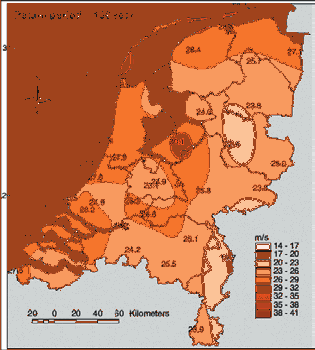 FIGUUR B5.1 FREQUENTIEAFHANKELIJKE MAATGEVENDE WINDSNELHEDEN IN NEDERLAND (KNMI) Ad.