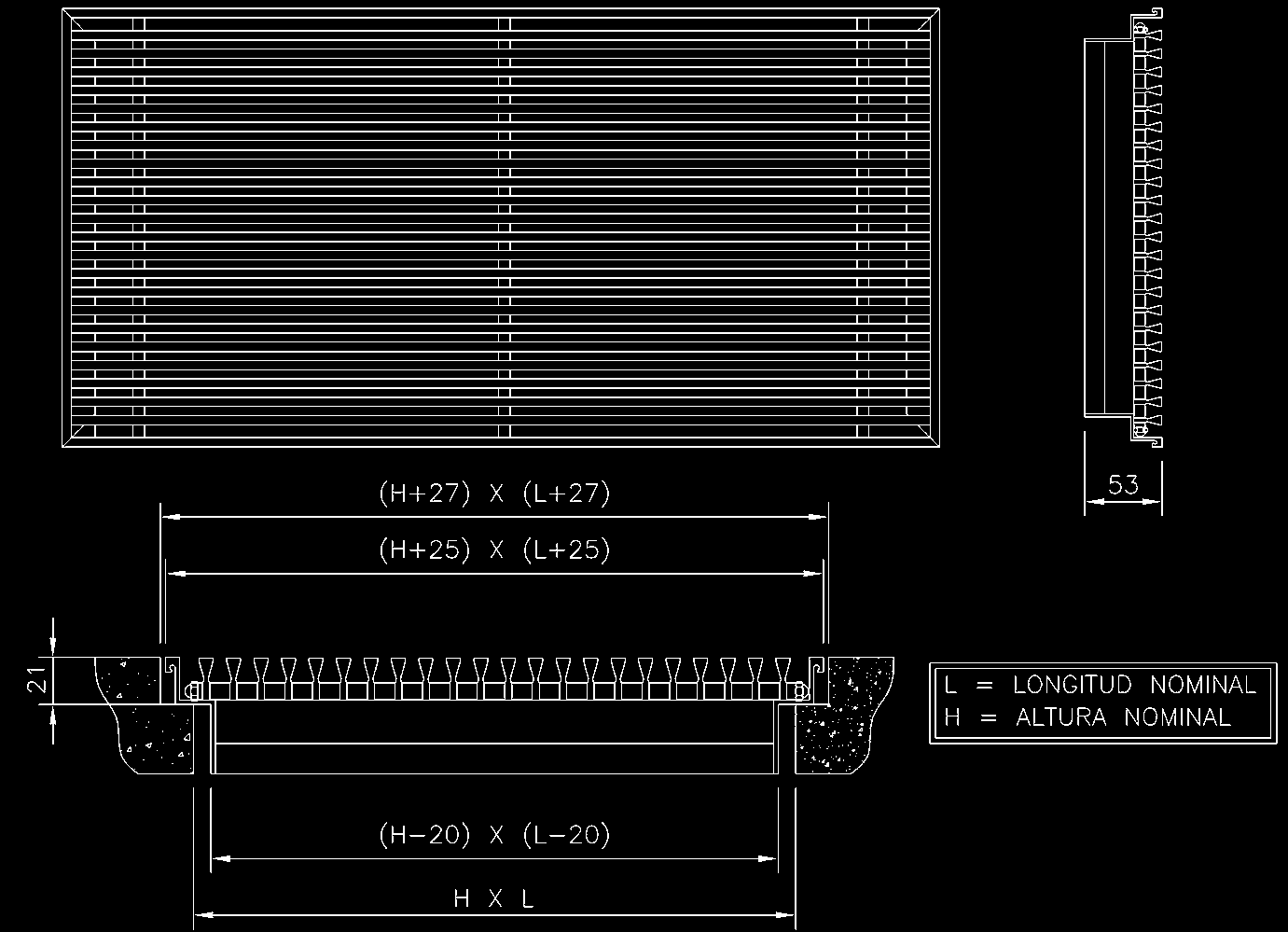 31-1-F liniair vloerrooster Afmetingen lineair vloerrooster voor aan- of afvoer van lucht, met vastee lamellen onder hoek van 0º optie: volumeregelaar (-O) afgewerkt in geannodiseerd aluminium of