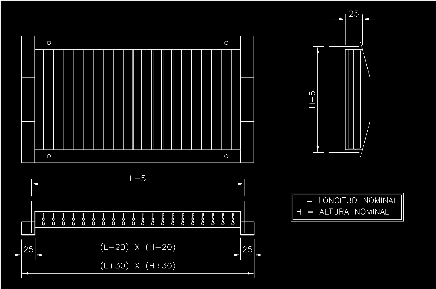 21-DVC - dubbel verstelbaar rooster voor ronde kanalen L = nominale lengte H = nominale hoogte dubbel verstelbaar rooster voor ronde kanalen optie: volumeregelaar (-RFS-05 / 06) afgewerkt in
