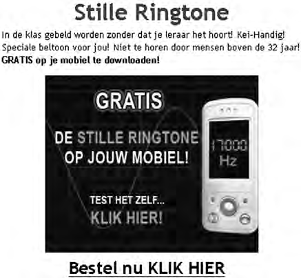 Stille ringtone Ypke komt tijdens het surfen op internet een pop-up advertentie tegen. De stille ringtone is een toon van 17 000 Hz. 1p 7 Waar staat de eenheid hertz (Hz) voor?