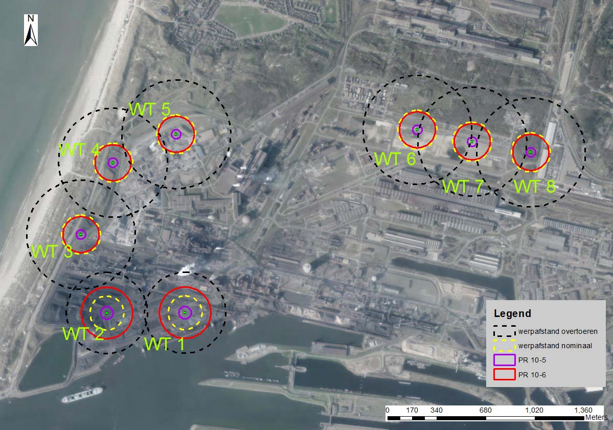 Figuur 5: Werpafstanden en veilige afstanden voor de acht mogelijke turbine locaties Inventarisatie risicovolle ruimtelijke objecten In de afwegingen voor de optimale windturbine locaties op het