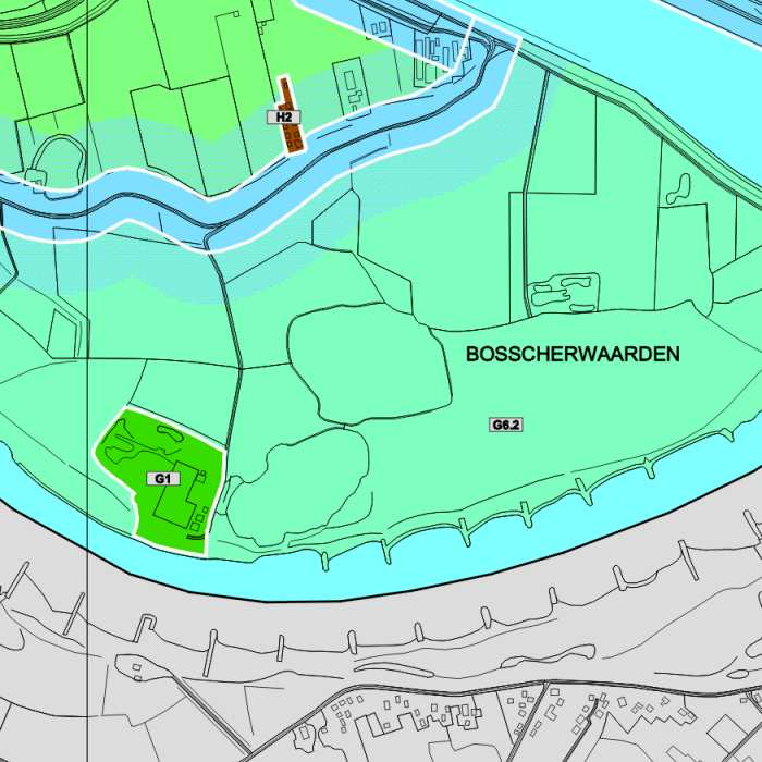 Arbeiderswoningen bij de voormalige steenfabriek Bosscherwaarden (Gebiedstype H2) Aan de Lekdijk West zijn een aantal arbeiderswoningen te vinden, die ook als zodanig op de typologiekaart zijn