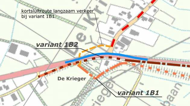Varianten 1A1 en 1A2 De bestaande parallelweg vanaf de aansluiting Veerweg tot nabij het woonhuis Oppen Swolle 62 ligt naast de dijk.