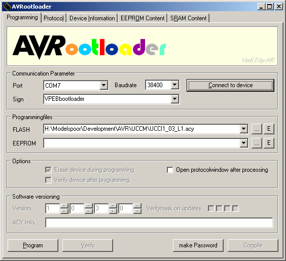 Fig 1: AVRootloader 12. Als je stap 10 en 11 goed hebt uitgevoerd knipperen op de RM-U/RM-C nu zowel de groene als de gele(1) LED.