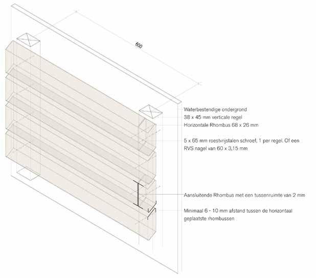 RHOMBUS Bevestiging Rhombus - Bevestig het profiel Rhombus op geïmpregneerd houten regelwerk van minimaal 38 x 45 mm, met een h.o.h. afstand van maximaal 600 mm.