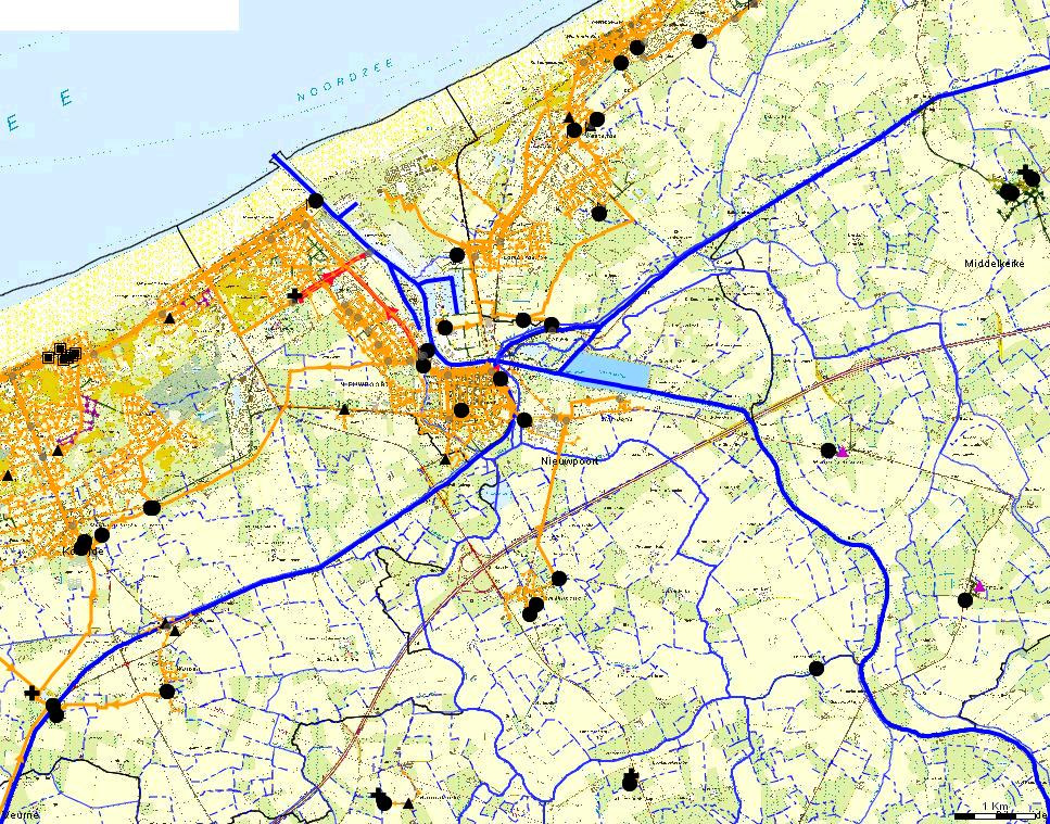 Zwemwaterprofiel Nieuwpoort Leopoldplein Bijlage 6: Rioleringskaarten omgeving Op bovenstaande kaart zijn de rioleringsplannen van een deel van het stroomgebied van de ijzer te zien.