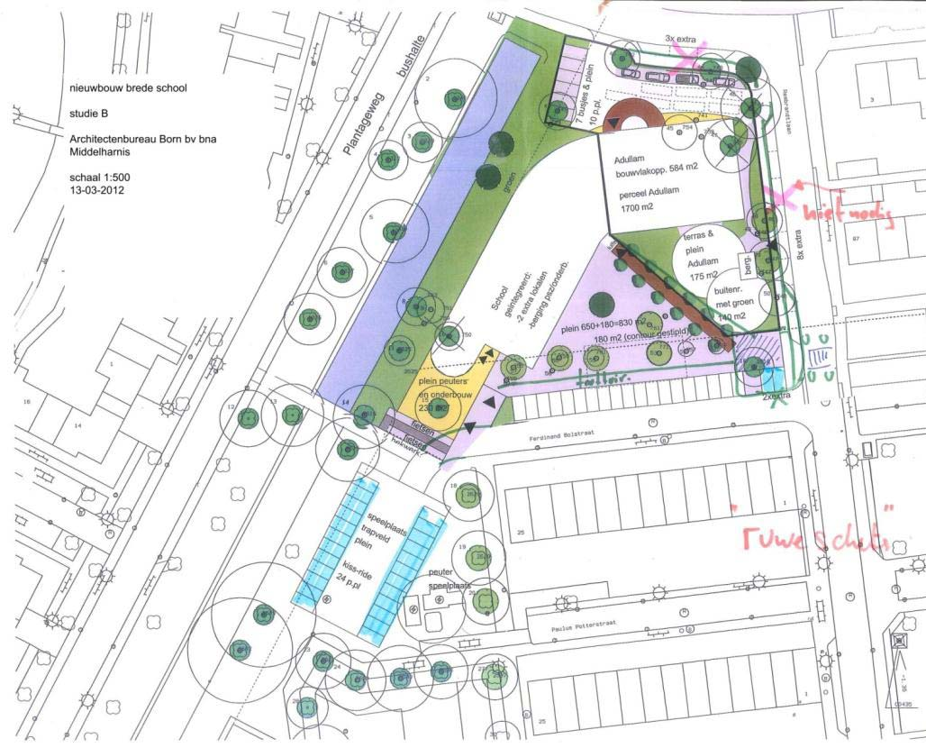 Studie B situering & terreininrichting & omgeving 2 Pluspunten: -veel ruimte school -geen brug nodig -Ferd.