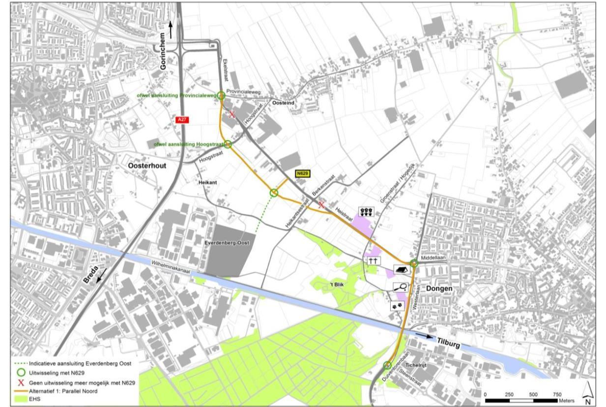 Alternatief 1: Parallel Noord Pro's: + Goedkoopste 'oplossing' + Geen doorsnijdingen EHS + Mogelijk beste tijdelijke oplossing w anneer andere alternatieven niet tot overeenstemming leiden