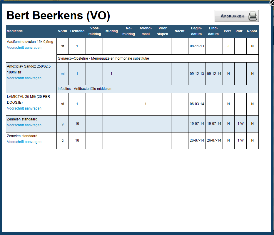 Via de knop Afdrukken verschijnt het overzicht in pdf-formaat, waar men het dan kan afdrukken. Om een voorschrift aan te vragen voor bepaalde medicatie kan je op Voorschrift aanvragen klikken.