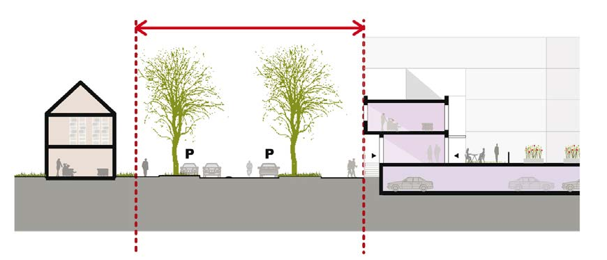 7.3 Ambachtstraat Het uitgangspunt is een bomenlaan als fietsroute en woonadres met allure. De bestaande bomen vormen de basis voor dit profiel.