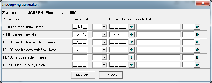 In het dialoogvenster wat nu verschijnt, kunt u de sporter inschrijven voor de individuele onderdelen. U hoeft alleen getallen in te voeren, geen punten of komma s.