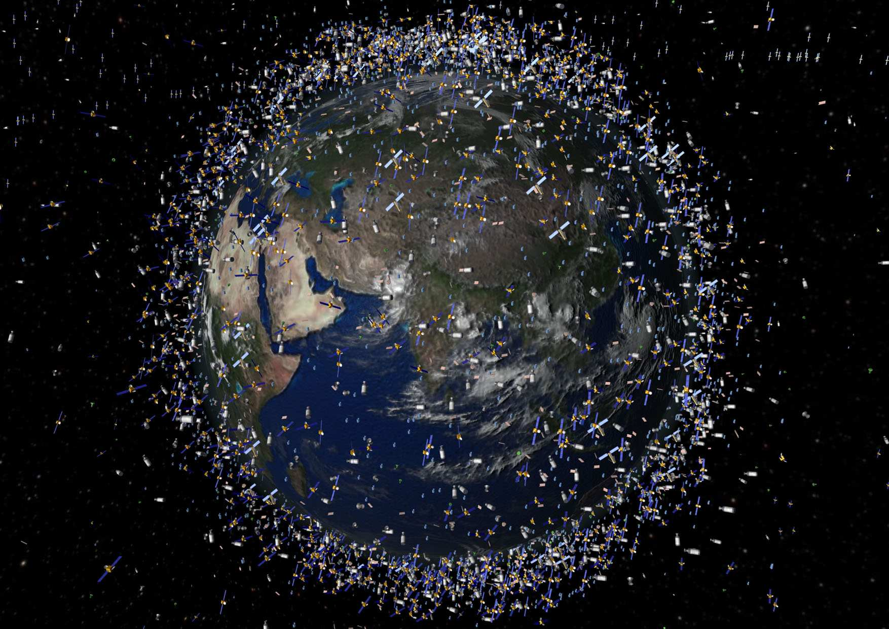 Figuur C: Deze afbeelding is een computersimulatie van alle objecten die door mensen in een baan om de aarde zijn gebracht.