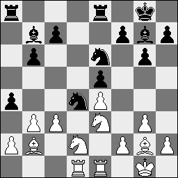 Wit : Rafael Fridman Zwart : Karel van der Weide 1.Pf3 Pf6 2.b3 g6 3.Lb2 Lg7 4.g3 O-O 5.Lg2 d6 6.d4 e5 7.dxe5 Pfd7 8.O-O dxe5 9.e4 Pc6 10.Pbd2 b6 11.Te1 Lb7 12.Pc4 Te8 13.Dd2 Pc5 14.La3 Dxd2 15.