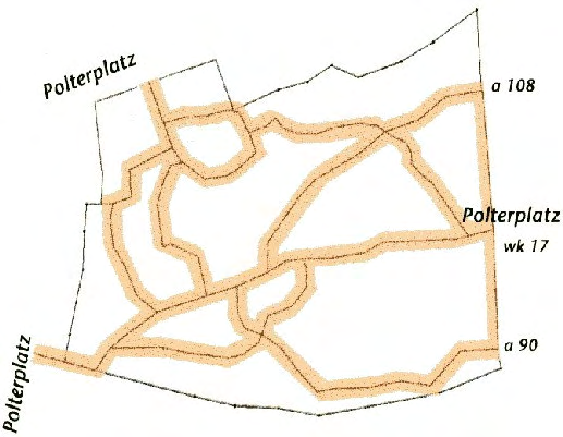 Het bestand ligt op een stuwwatergrond, en de pistes werden zodanig uitgezet dat ze zoveel mogelijk oude rijsporen incorporeren en natte zones vermijden (figuur Forst & Technik 5-2004).