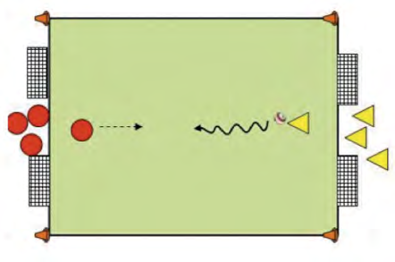 Duel 1 tegen 1 met 4 doeltjes Organisatie lengte: 20 meter breedte: 15 meter een variatie is de vorm waarbij de trainer-coach steeds de 1e bal inspeelt op de speler die moet starten (aannemen en