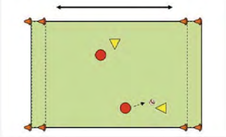 Duel 2 tegen 2/lijnvoetbal Organisatie: lengte: 20 meter breedte: 15 meter Aantal spelers: 4-8 spelers (eventueel doorwisselen na elk doelpunt / corner / achterbal) Materiaal: 8 ballen 4 pionnen 8