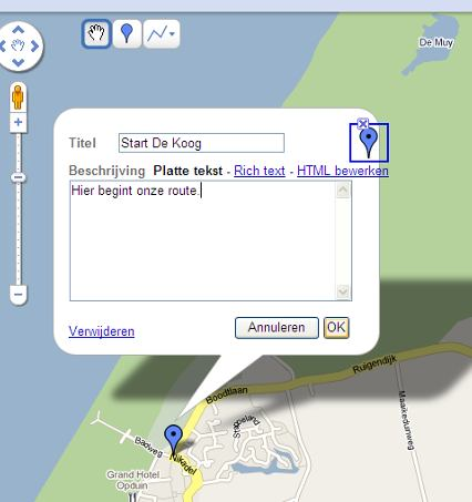 Je ziet, dat de plaatsmarkering op de kaart komt te staan. Je kunt direct informatie over het punt opgeven. Klik op de knop OK.