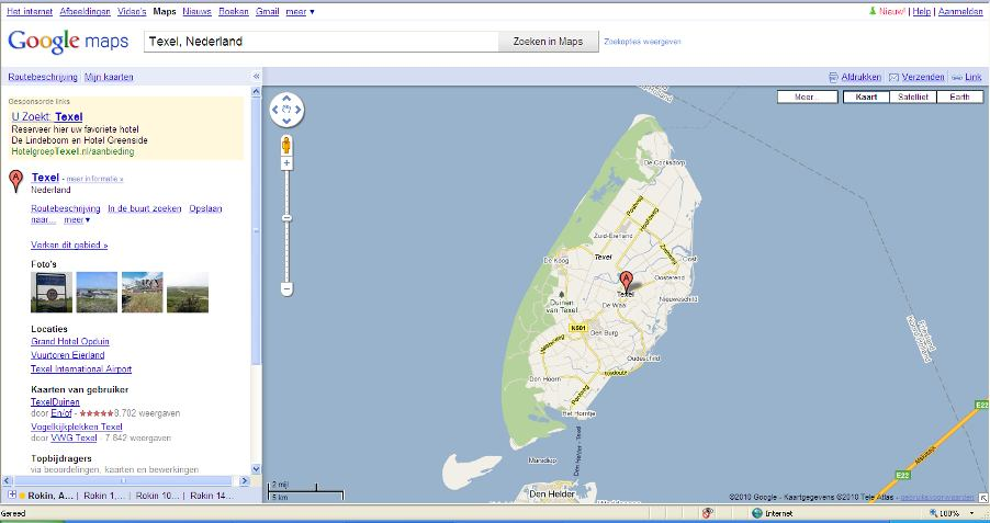 Zelf een route maken We gaan even een stapje terug, namelijk: naar de gewone kaart. Laten we ook maar eens even een wat rustiger stukje Nederland opzoeken, Texel.