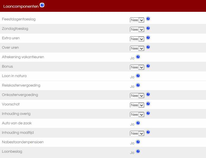 Hier kunt u aangeven welke looncomponenten voor u van toepassing zijn. De meest voorkomende looncomponenten zijn hier weergegeven.