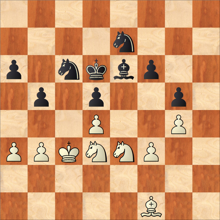 Waarna Maarten moest winnen om de stand nog gelijk te trekken. Qua stelling was dat te veel gevraagd, maar er is ook nog een tegenstander 42. Kf2-e3?