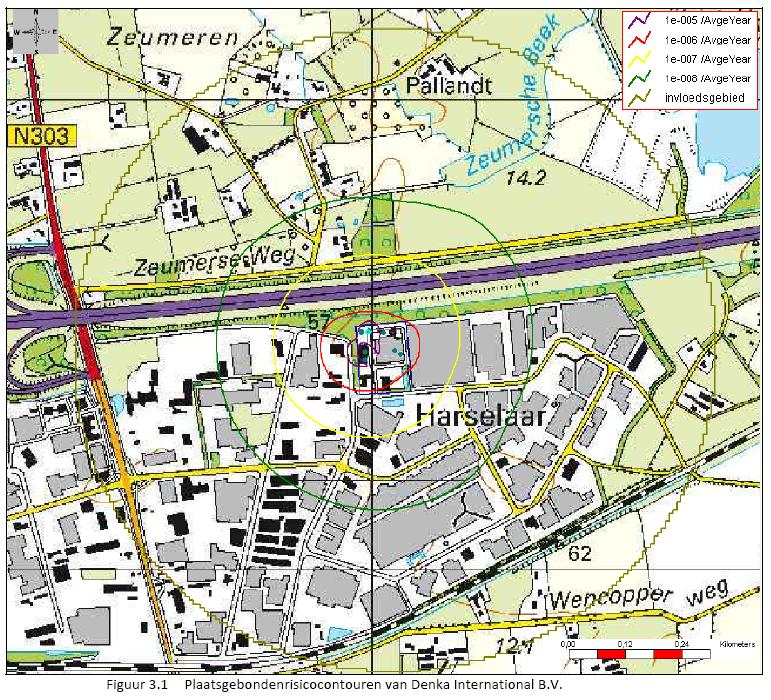 Figuur 3: risicocontouren van Denka International B.V. Plaatsgebonden risico Voor de toetsing aan de normstelling is de ligging van de plaatsgebonden risicocontour van 10 6 per jaar van belang.